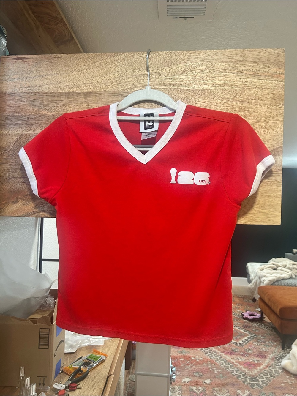 Red Short-Sleeve V-Neck Tee with White Trim